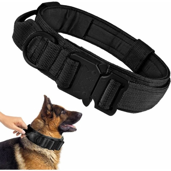 Militärt hundhalsband med justerbart nylon för medelstora och stora hundar med kraftigt metallspänne, svart hundhalsband, storlek XL 50-59 cm (svart)