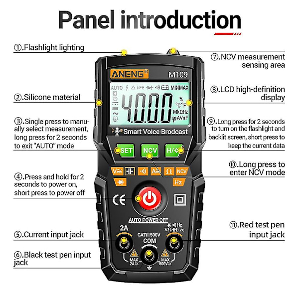 Digitalt voltmeter, amperemeter, ohmmeter, multimeter, spænding AC DC tester meter (sort)