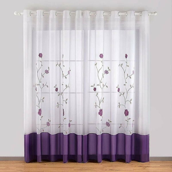 Set med 2 genomskinliga spetsgardiner med blommönster för sovrum, kök, vardagsrum, 140 cm x 245 cm, lila