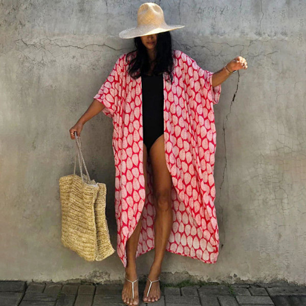 Batikfärgad cardigan strandklänning, bikiniöverdrag, solskyddskläder, semesterklänning, lätt och luftig Red-bottomed leaves
