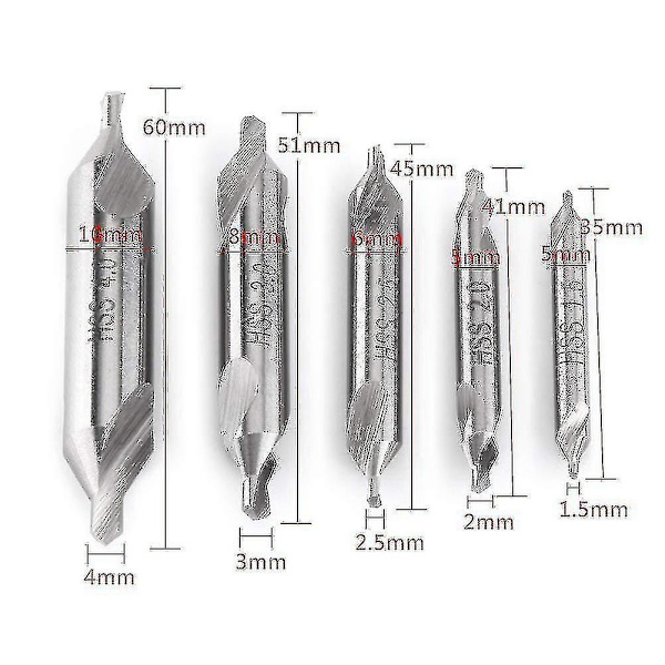 5 st, center, borr, bit, dubbeländad, 60 grader, 1,5/2,0/2,5/3,0/4,0 mm