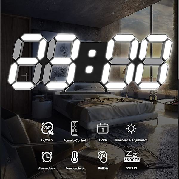 3D LED Digital Væg Ur - Stor Lysende Alarm Ur - Lydløs Snooze Funktion - Justerbar Lysstyrke - 12/24 Timers Dato/Temperatur Display - Kontor Køkken