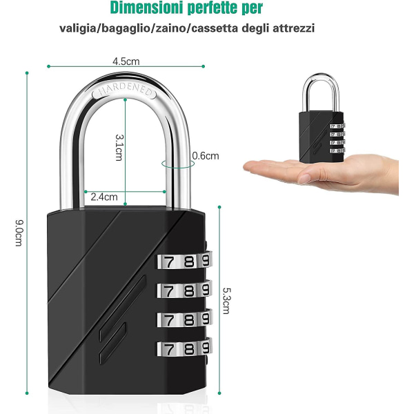 Kodehenglås med 4 sifre, kombinasjonslås, kodehenglås for skap i treningsstudio, skole, port, skur, garasje, oppbevaring, skap