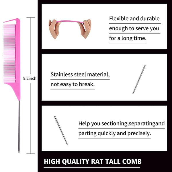 3-delad hårstylingkamset Provocative Bristle Rat Tail Comb Side And Back Brush, (rosa)
