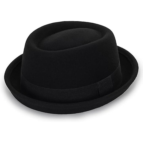 Miesten litteä huippu Porkpie Hat Blower Hatut, Musta villahattu nauhalla