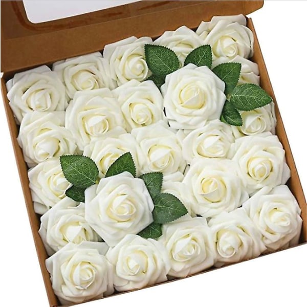 Set med 25 elfenbensfärgade konstgjorda rosor med ett naturligt utseende och känsla, för personliga bröllopsbuketter, baby shower eller heminredning