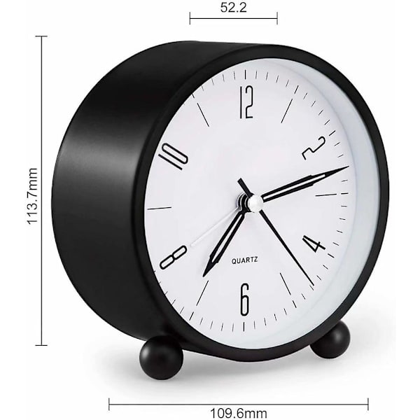 Herrklocka 4 tum rund tyst analog icke-tickande väckarklocka med nattljus batteridriven ultra tyst väckarklocka svart (som visas, svart)