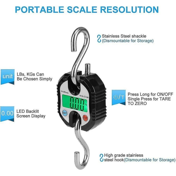 Bagagevægt med 2 kroge i rustfrit stål, digital kran, bærbar LCD, elektronisk hængevægt