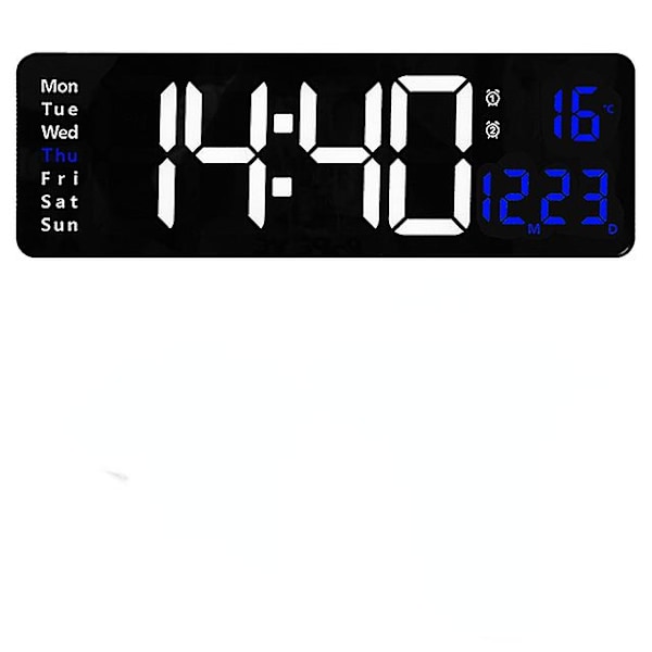 Digital väggklocka fjärrkontroll temperatur datumvisning LED-klocka（BLÅ TEMP DATUM)