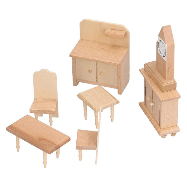 1:12 Liten dockhus i trä, möbler, scenset, miniatyr i trä, tillbehör, bord, stol, skåp, köksserie