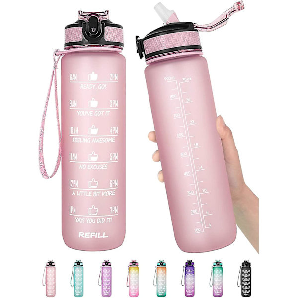 32oz Motiverande Vattenflaska med Tidsmarkör och Sugrör - Frostad Bärbar Återanvändbar Fitness Sport 1L Vattenflaska Rosa
