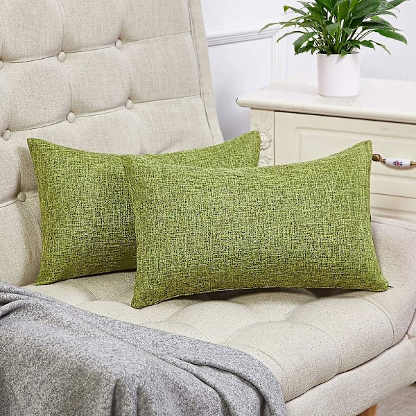 Set med 2 høstgrønne pynteputer i rustikt lin, 12x20 tommer, til sofa