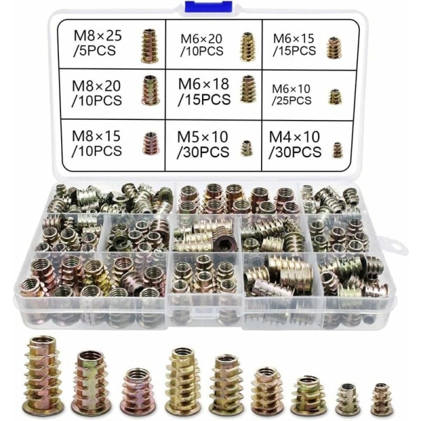 Trägänginsats Zinklegeringsskruv M4 M5 M6 M8 gänginsats Insexskruvmutter för trämöbler (pack med 120)