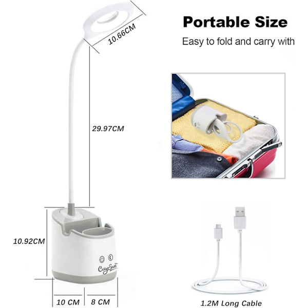 Skrivebordslampe for barn 3 lysmoduser USB oppladbar 1800mAh Li-batteri leselampe med nattlys