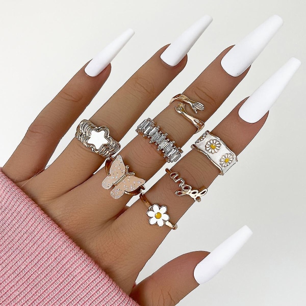 7 Pcs/set Dainty Gold Rings Set ,fashion Butterfly Daisy Knuckle Stackable Jewelry Rings For Women And Girls