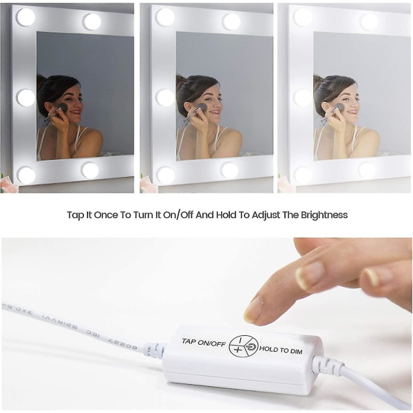 Speillys til sminkebord, LED-lampe for speilbelysning med dimmer og strømadapter, 10 pærer, 4 meter, speil ikke inkludert