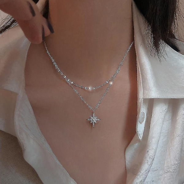 S925 Sterling Silver Star Moon Double Necklace Women Clavicle Chain Shiny Diamond Fashion Jewely Accessories