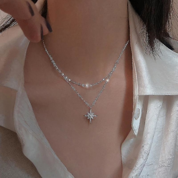 S925 Sterling Sølv Stjerne Måne Dobbelt Halskæde Kvinder Nøgleben Kæde Shiny Diamond Fashion Jewely Accessories