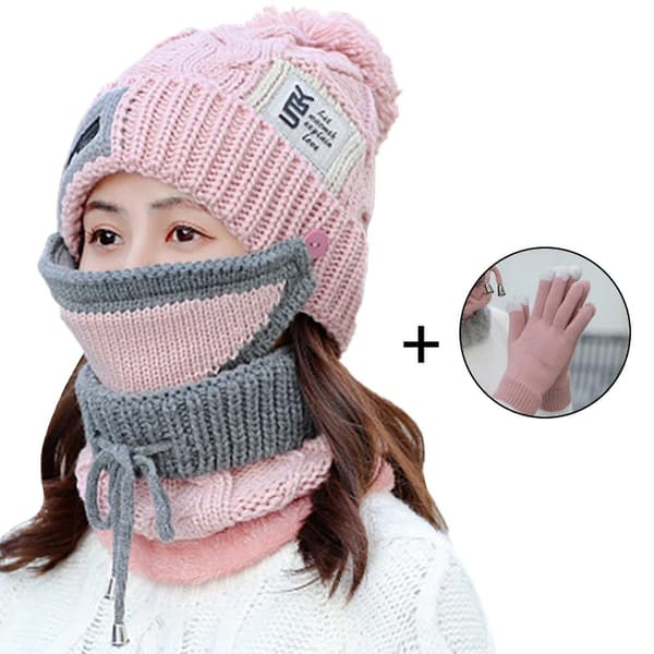 4 st/set Dam vinter ullgarn stickad mössa handskar ansiktsmask varm halsduk