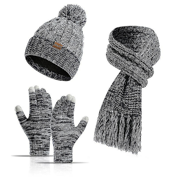 Dame Beanie Hat Halstørklær Touch Screen Handske Sæt Med Pompom Grå