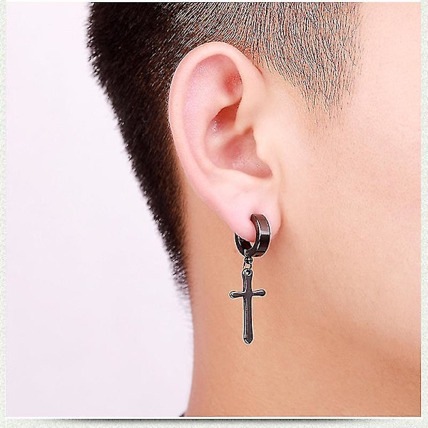 Ikke-borede Clip On Cross Dangle Hoop Øreringe Sæt, Rustfrit Stål Ingen Boring（Sort）