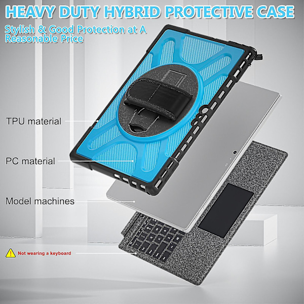 Unik designfodral för Surface Pro 4/5/6/7/7+ med handrem, tangentbordsrem (inget tangentbord), justerbart stativ, kraftigt skyddsfodral, stöttåligt
