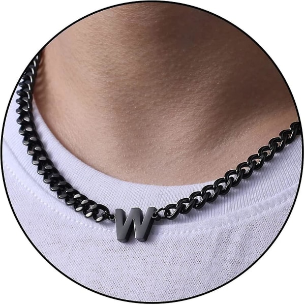 Initialt A-z Cuban Link Chain Halsband För Pojkar Män Kvinnor Brevhänge Rostfritt stål 6,5 mm 18+2 Inches Smycken Present S（W，Svart）