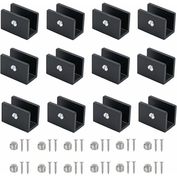 12 st glasklämmor i aluminium, justerbara glasavdelare för 10-12 mm tjocka glashyllor, badrum, balkong (med skruvar)