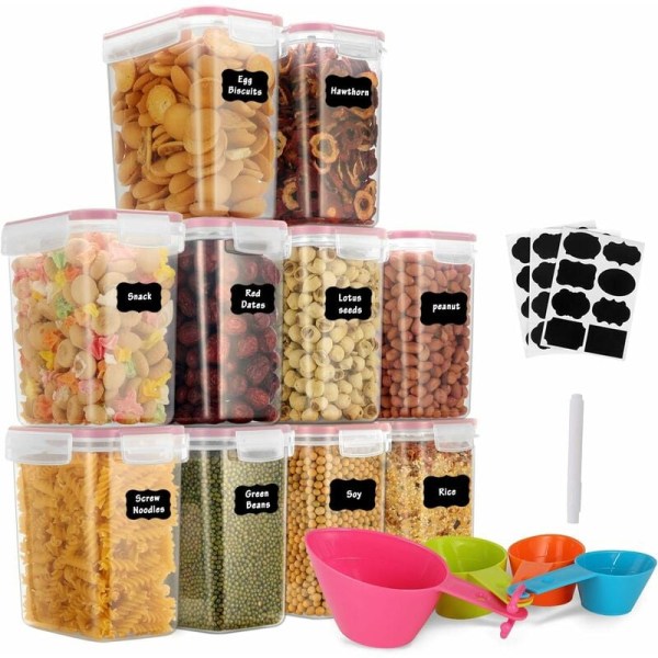 10 st 1,6L förvaringsburkar Lufttäta plastförvaringslådor med lock Förvaringsburkar för förvaring av pasta, spannmål, ris, mjöl och husdjursmat (rosa)