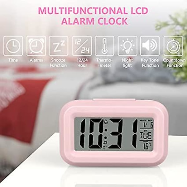 PinkDigital Alarmur, Sengelampe, LED-Displayure med Justerbar Snooze 12/24Hr, Temperatur, Dato, Timer, Lysstyring Bærbare Alarmure til Soveværelset