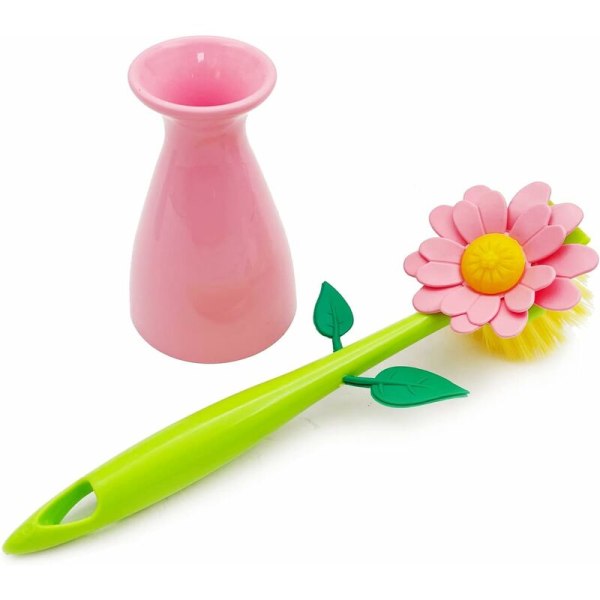 Diskborste - Vacker rosa blommig diskborste i nylon med långa handtag med hållare (10,6" x 2,6" x 2,6")