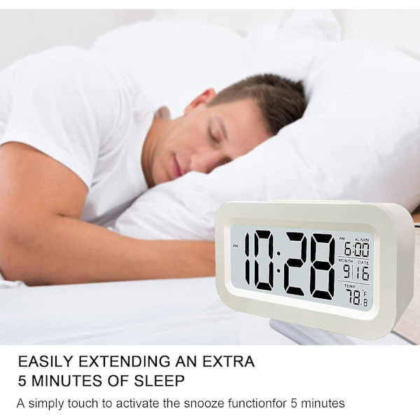 Digitalt vækkeur, LED-vækkeur med temperatur, snooze-funktion, 12/24H-konvertering, kalender, til soveværelse, kontor, køkken (genopladelig)