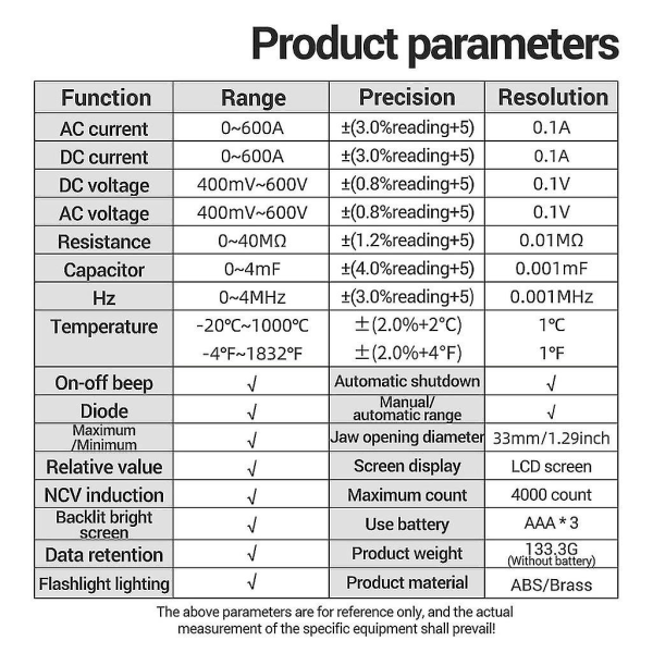 Tångamperemeter Digital Multimeter Ström 4000räkningar Amperemeter Spänningstestare（Svart）