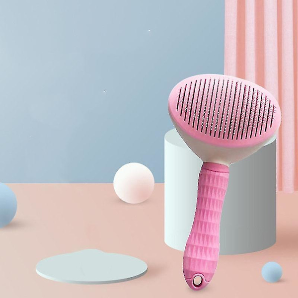 Kardborstning för hundhår, loppkam för katt, husdjurskam, automatisk borste trimmer (rosa, fina nålar)