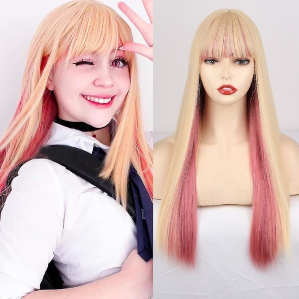 Lolita Syntetisk peruk Rosa peruk Blond peruk Långt rakt hår med lugg Naturliga peruker för kvinnor hår Cosplay peruk24tumT1B-4-27