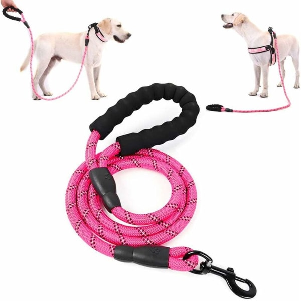 Hundkoppel med vadderat handtag och reflekterande sladd, kraftigt koppel, stor storlek, lämplig för alla hundar (rosa)