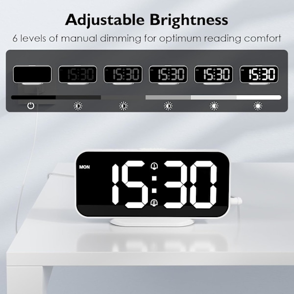 USB-driven dimbar digital väckarklocka med snooze-funktion och 2 USB-laddningsportar (vit)