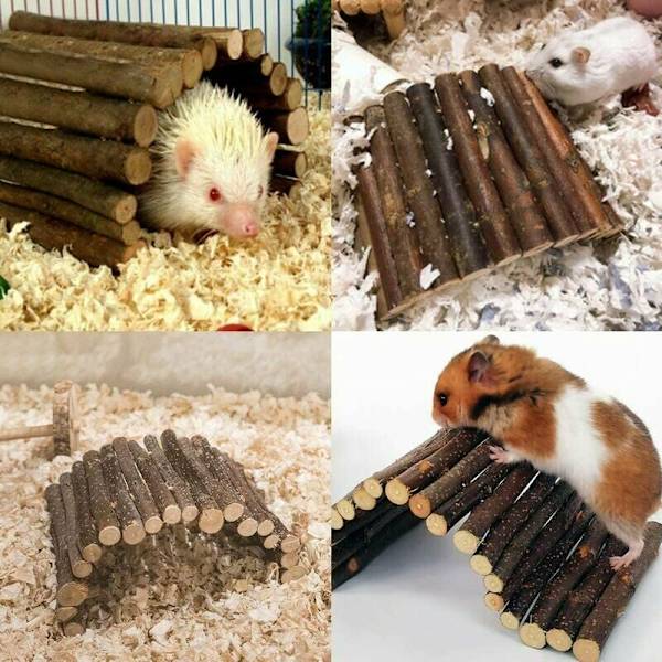 Träbroleksak för råtta hamster gömställe hus staket bro för reptil ödla sköldpadda igelkott litet djur tuggleksak (liten) S'areern