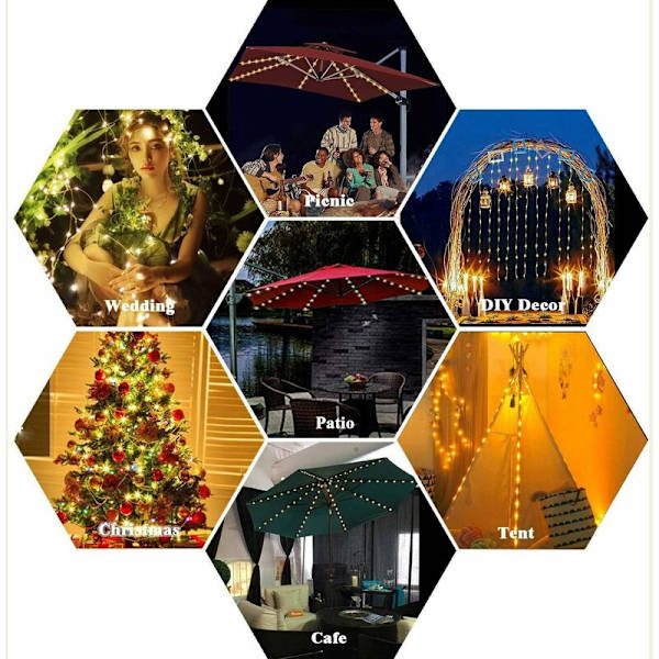 104 LED-parasolljus med fjärrkontroll, 8 lägen batteridrivna parasolljus, IP67 vattentäta ljusslingor, idealiska för trädgård, campingtält