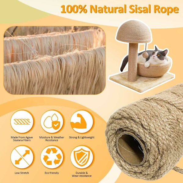 Sisalrep för klösstolpe - 5 mm x 50 m - Naturlig sisalrep - Hamparep för klösstolpe - Kattaccessoarer - Hantverk - Heminredning