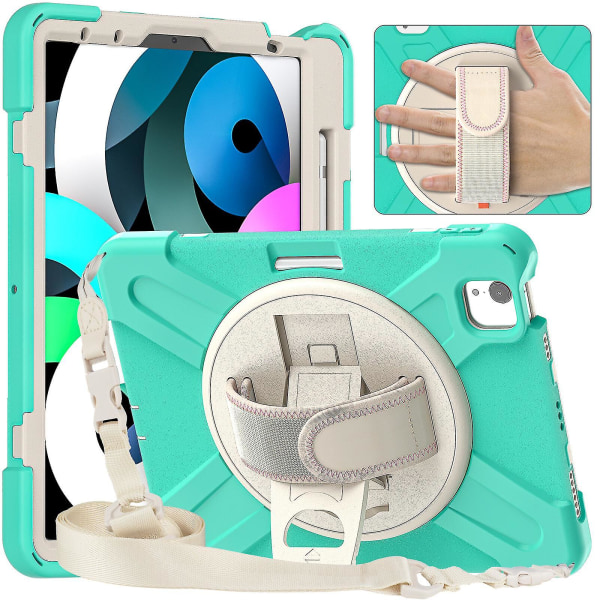 Nytt håndstroppdesign deksel for Ipad Air4 10,9 tommer med skulderstropp, justerbart stativ, pennholder, fallbeskyttelsesdeksel（Mintgrønn）