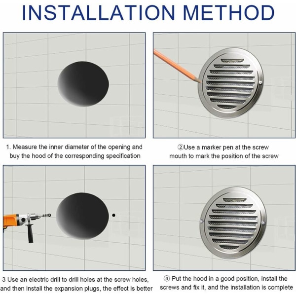 Ventilationsgaller 120 mm cirkulärt rostfritt stål Ventilationsgaller Cap med mesh för köksfläkt - MODOU
