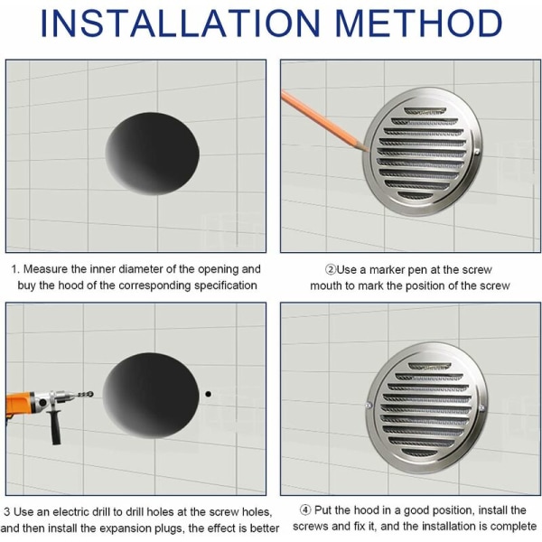 Ventilationsgaller 120mm Rund Rostfritt Stål Ventilationsgaller Ventilationskåpa med Nätlock för Köksfläkt - MODOU