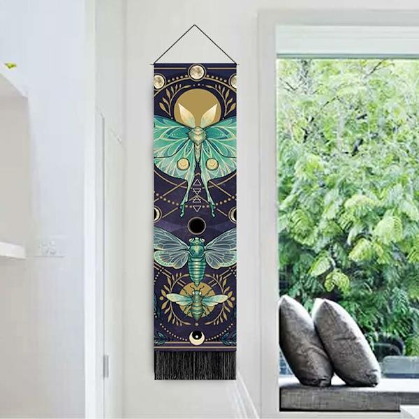 Bohemisk väggbonad lång tygvägg hängande vertikal måne och sol väggbonad tofs dekoration för sovrum vardagsrum hem (32 x 130 cm) (fjäril)