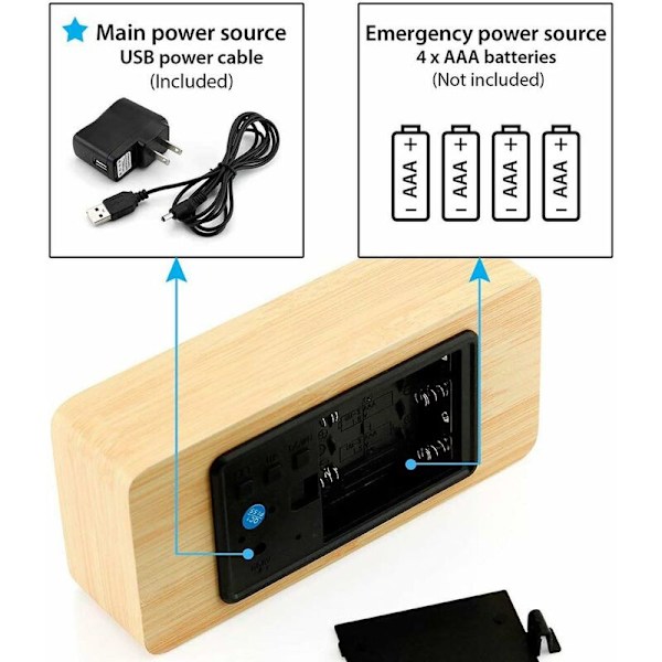 Träklocka Kreativ Digital Träklocka Elegant Multifunktionell LED Väckarklocka med USB-strömförsörjning Röststyrning - Bambuträ