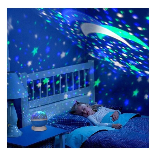 Nattlampa för barn Romantisk 360° roterande projektion Färgade lampor  Stjärnor Baby Nattlampa Sänglampa Stämningsljus Ljusblå 12×12×13,5 cm 0295  | Fyndiq