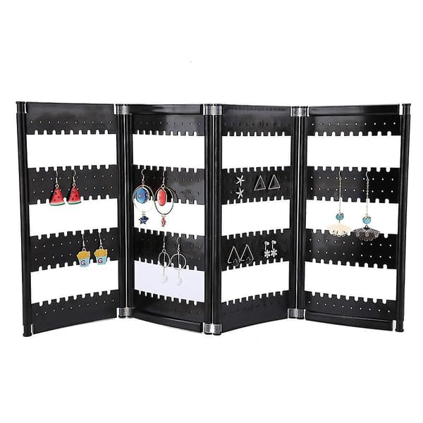 Foldbar 4-panel smykkeholder Øreringe Display Stativ Ørestikker Opbevaringshylde Organizer (Sort)