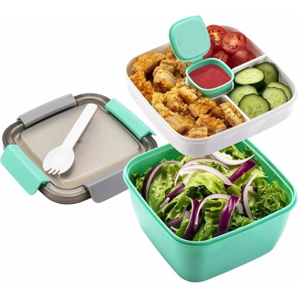 Lunchbox med tunna fack för vuxna/barn Slitstark Bento Box Lunchbox Sallad Mikrovågsugn Lunchbox Skola/Arbete/Picknickresa (grön)
