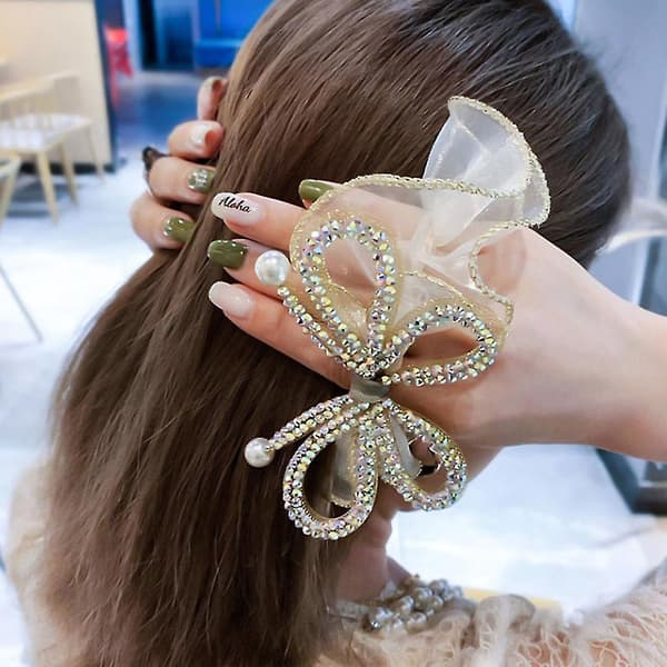 Elastiske tyllhårstrikk for Rhinestone Bow Ponytail Holders for jenter Hår Suppl
