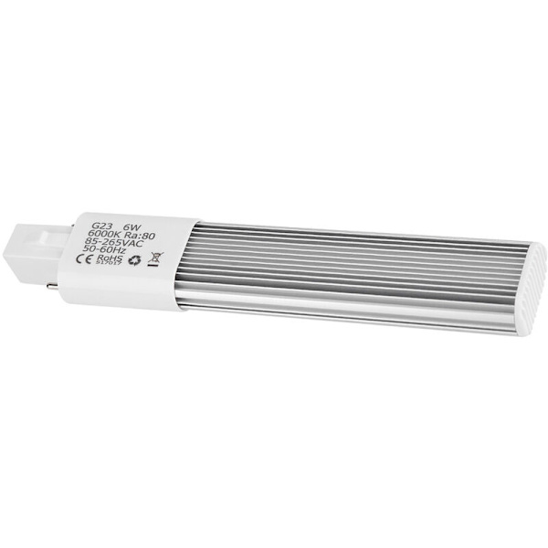 6W 2-stifts LED-kompaktlampa, horisontellt installationsrör, glödlampa, belysningskropp, G23, kallvitt
